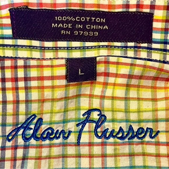 Alan Flusser Button Down Multicolored Plaid Long Sleeve Dress Shirt Cotton Large - Picture 3 of 8